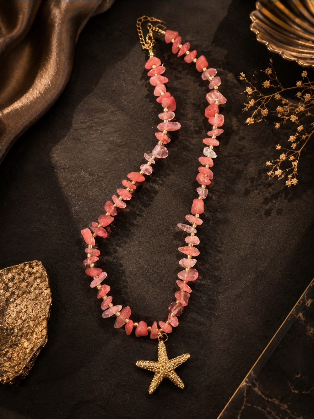 Gold tone Starfish Pendant Coral Beaded Necklace